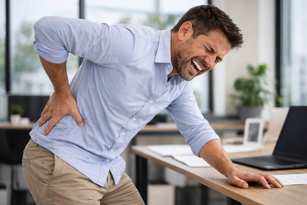 hombre con dolor lumbar intenso por calculos renales