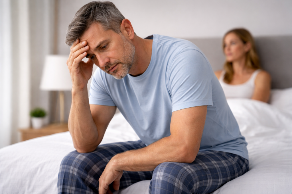 hombre preocupado por disfuncion erectil con su pareja en la cama