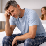 hombre preocupado por disfuncion erectil con su pareja en la cama