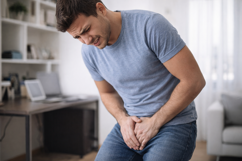 Hombre con dolor testicular en casa, síntomas de alerta que requieren valoración por urólogo en Los Mochis