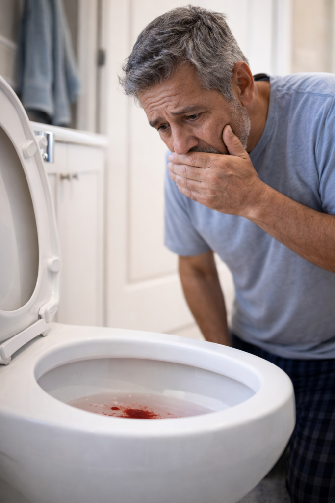 hombre preocupado al ver sangre en la orina en el inodoro