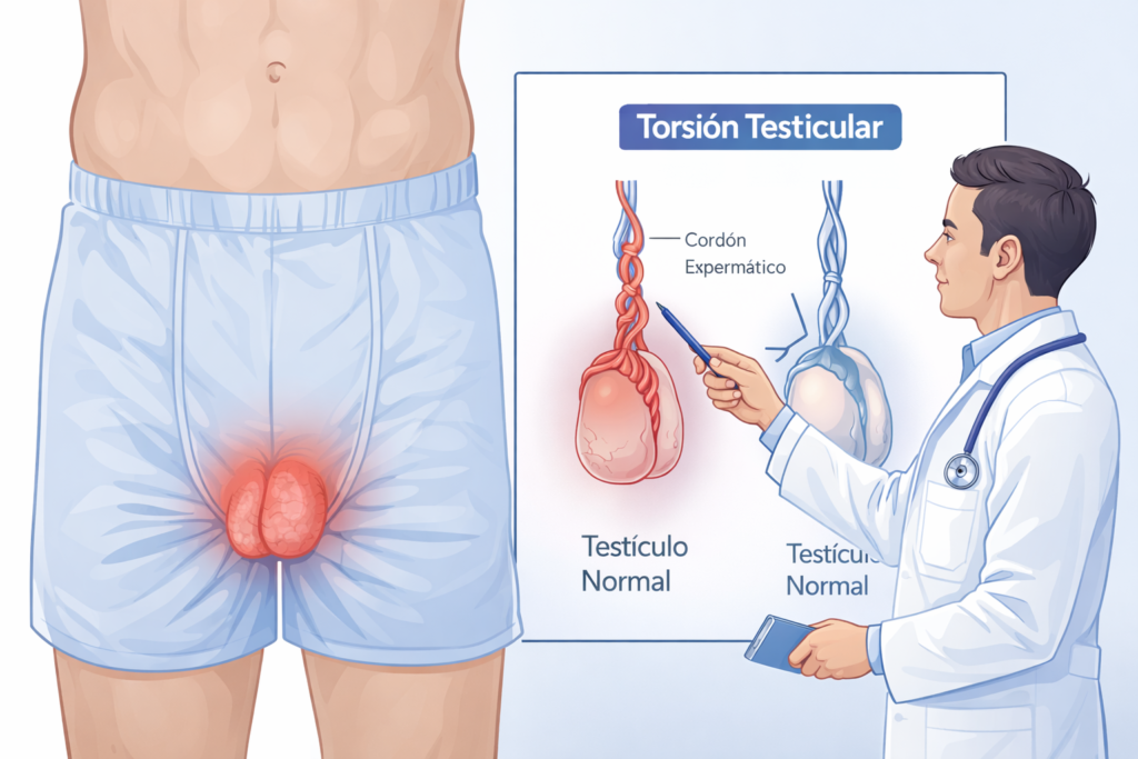 Diagrama de torsión testicular comparando testículo normal vs torsionado, causa de dolor testicular que requiere atención urgente por urólogo en Los Mochis