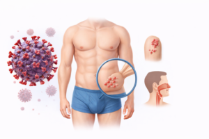 ilustracion medica del virus del papiloma humano en hombres con lesiones genitales